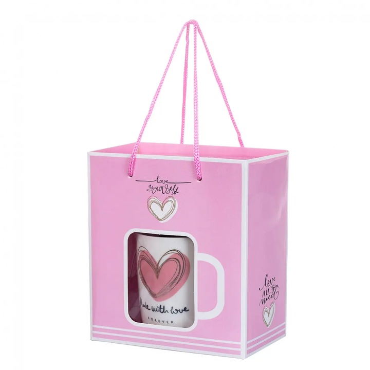 Комплект керамична чаша с лъжичка Свети Валентин, Елегантна кутия, 250 мл, Розов