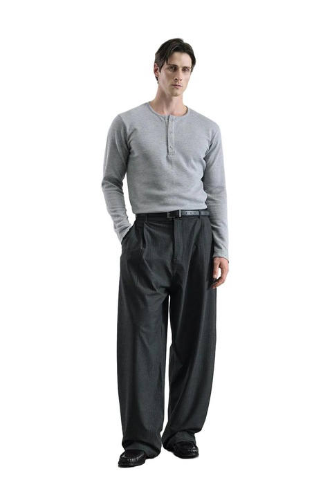 Pantaloni palazzo barbati Giesto, cu dungi si pliuri, negru, viscoza/poliester/elastan