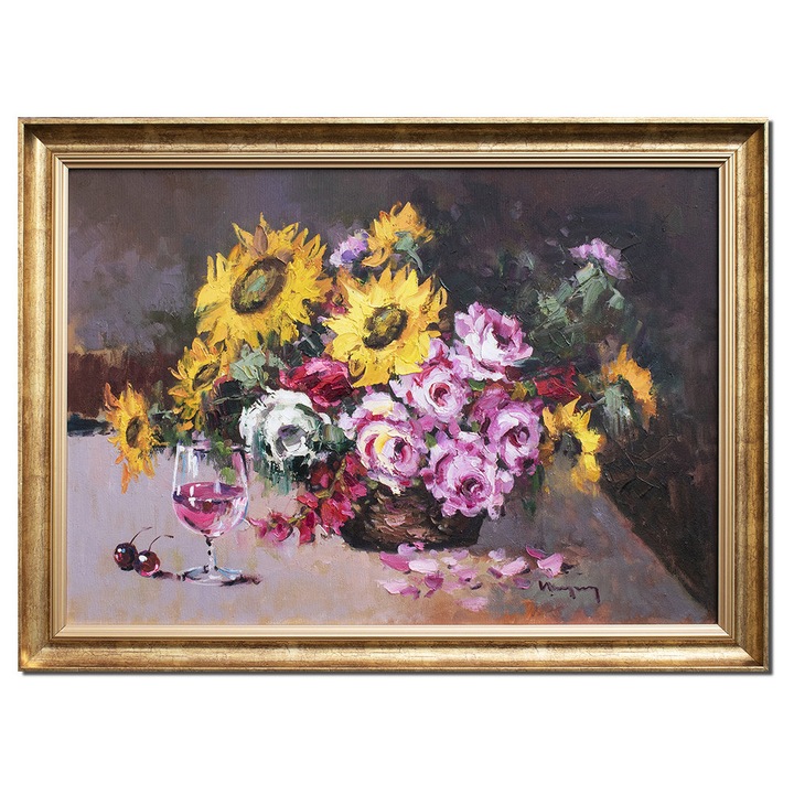 Tablou cu floarea soarelui si trandafiri pictat manual inramat, La multi ani!, 80x60cm ulei panza in cutit cu efect 3D, Geo Ungureanu