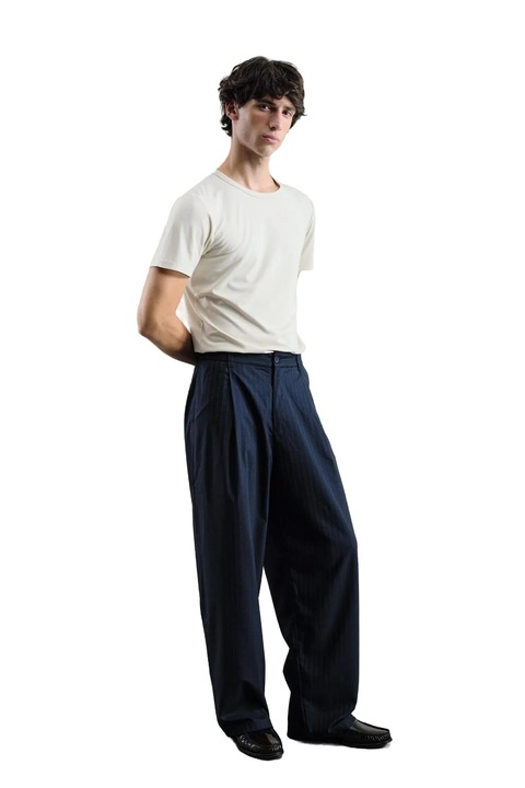 Pantaloni barbati, Giesto, plisati, cu dungi, viscoza/poliester/elastan, bleumarin