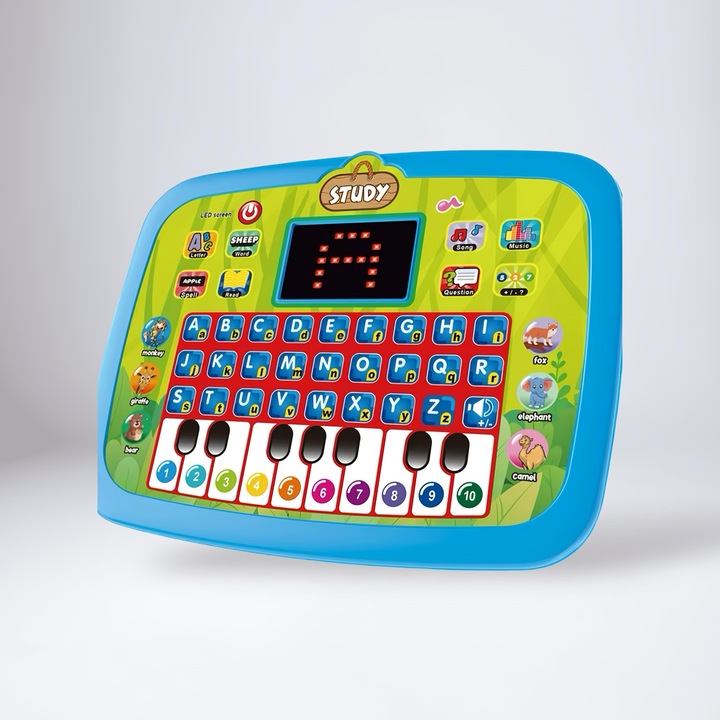 Tableta educationala muzicala pentru copii, invatare litere , cifre, sunete , pian, 24x19x3cm, albastru-verde