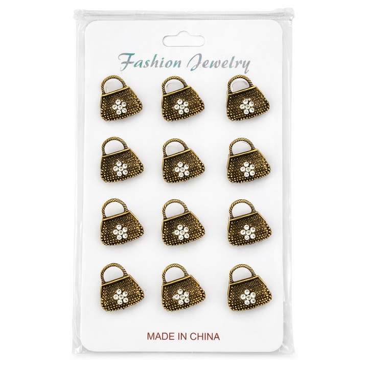 Set 12 Martisoare Tip Brosa Metalica – Model Poseta Eleganta cu Strasuri, Cadou 1 Martie