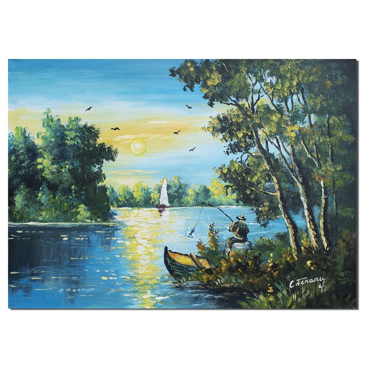 Tablou cu pescarul norocos pictat manual, Fir intins, 70x50cm ulei pe panza, Constantin Feraru