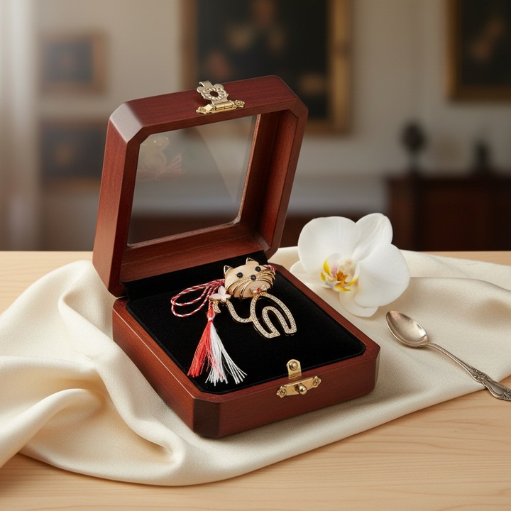 Martisor Brosa Mare, Pisica Stilizata cu Fundita Fluture si Cristale, in cutie de catifea rosie cu fereastra de sticla, VisionXXI