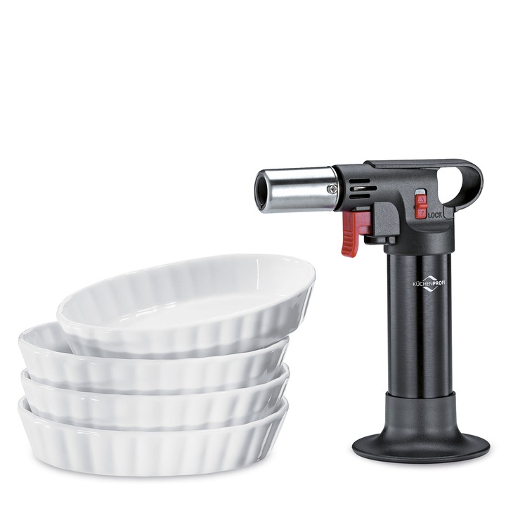 Set pentru creme brulee, Kuchenprofi, palnik butan + 4 miscele porcelana, 12x7x15cm, 13,5x8,5x3cm
