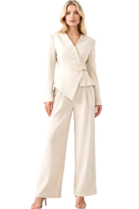 Costum Lareen cu linie moderna si sacou asimetric, decupat in talie, Crem, FashionForYou, Marime universala S/M