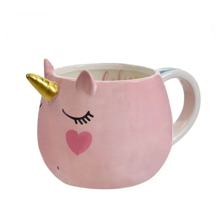 3D Kerámia Bögre Egyszarvú "Higgy a varázslatban", Szivárvány Fogantyú, Rózsaszín, 9 x 10 cm, 580 ml
