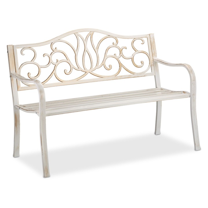 Градинска пейка Relaxdays, 127.5 x 63 x 90 см, 2 места, Античен модел, Стомана, Бял/Златист
