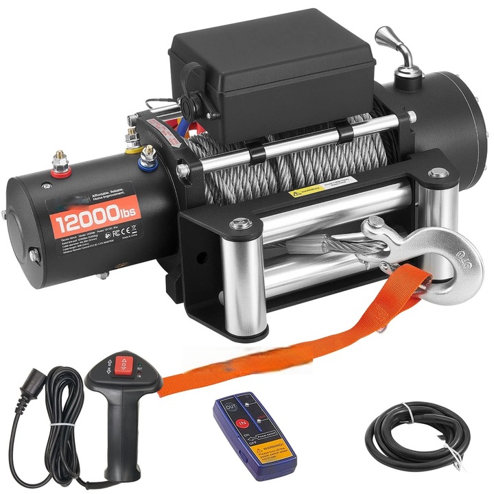 Troliu electric auto 12 V DC, capacitate tractare 5.400 kg, cablu din otel Ø9, 1 mm x 24 m, telecomanda wireless si cu fir, IP55