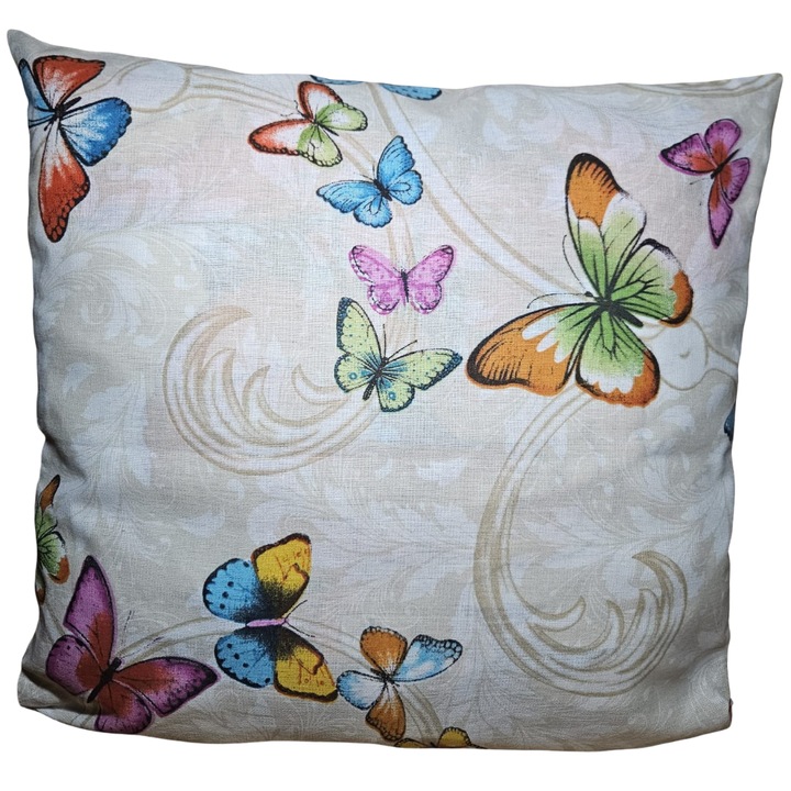Fată de perna Fluturi colorati, bumbac satinat, crem, 40x40cm