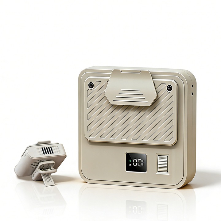VeniSymlis® Ventilator portabil de talie KLX013, 100 viteze reglabile 0-100, Motor 9500 RPM, Baterie 3000 mAh, Afisaj LED, 3 in 1: talie, gat, birou, Usor 185g, Kaki