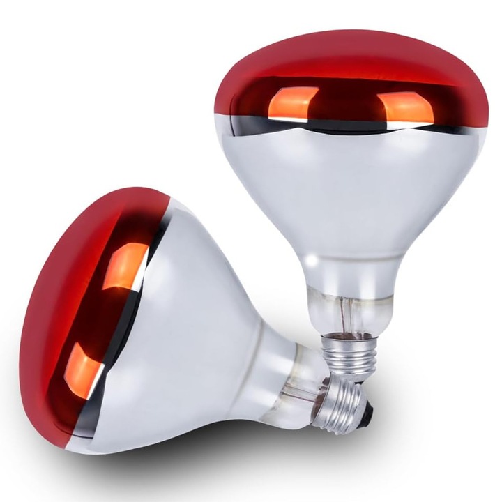 Set 2 Becuri Infrarosu R40 250W, Autocise, pentru Pui, Reptile, Animale de Companie, Alimente si Reflector Infrarosu, Baza E27, 2 BUC, 16.5x12.5x12.5CM, Rosu