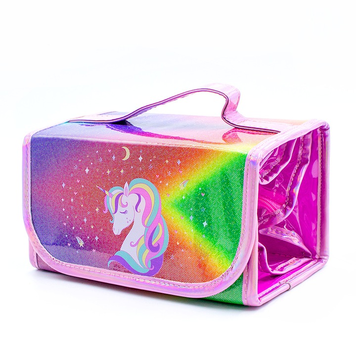 4 az 1-ben unikornisos tolltartó, cipzáras design, vízálló PVC anyag, 19x10x10cm, gyerek szett