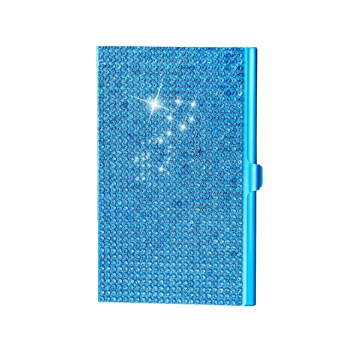 Carcasa metalica pentru carti de vizita, eleganta, decorata cu pietre pretioase, rezistenta la zgarieturi, rezistenta la uzura, portabila, potrivita pentru munca si calatorii, 6x9.5cm, albastru