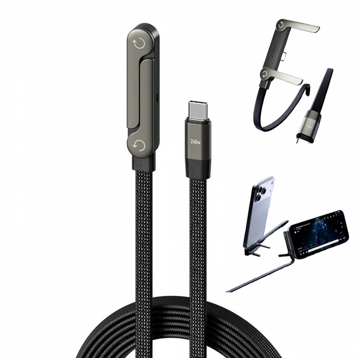 Cablu de date cu incarcare ultra-rapida 240W, cu suport rotativ 360°, cap indoit, Type-C la Type-C, PD3.1, QC3.0, cip de protectie inteligent, 480 Mbps, compatibil cu iPhone 17/16/15, Galaxy S20–S25, Android, tableta, laptop, 1,5 m, negru