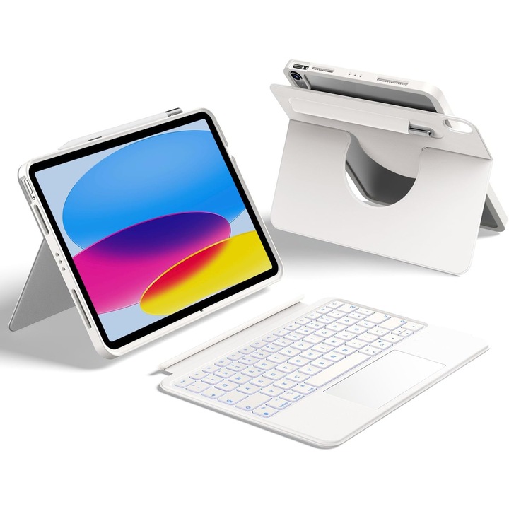 Husa cu tastatura pentru iPad A16 11 si iPad 10 10.9, design magnetic, rotativ 360, protectie completa, alb
