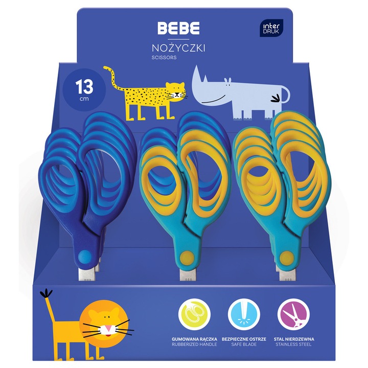 Foarfece scolare INTERDRUK 13cm, doua culori disponibile, manere din cauciuc, lama din otel inoxidabil