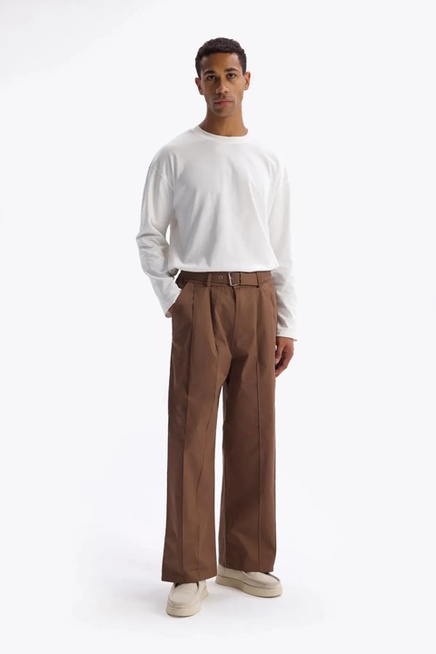 Pantaloni barbati, Giesto, talie inalta, cu curea, maro cafeniu, poliester