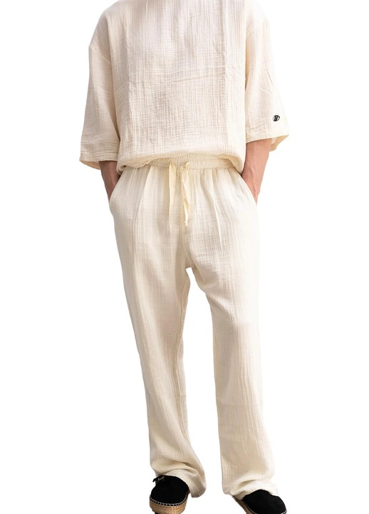 Pantaloni barbati, Giesto, croiala relaxata, snur talie, bej, bumbac