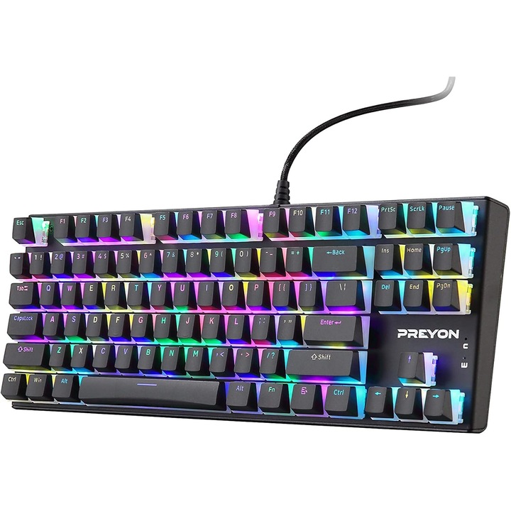 Tastatură gaming PREYON Red Blitz Claw, mecanică, iluminare RGB, întrerupător albastru, multicoloră