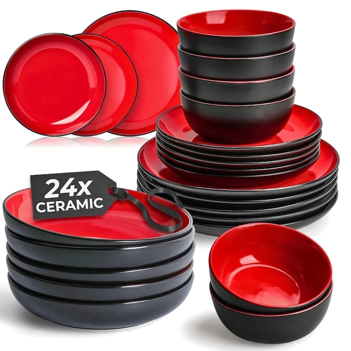 Serviciu de masa pentru 6 persoane, Set 24 piese Le Papillon, Boluri, Farfurii intinse/adanci, ceramica, rosu