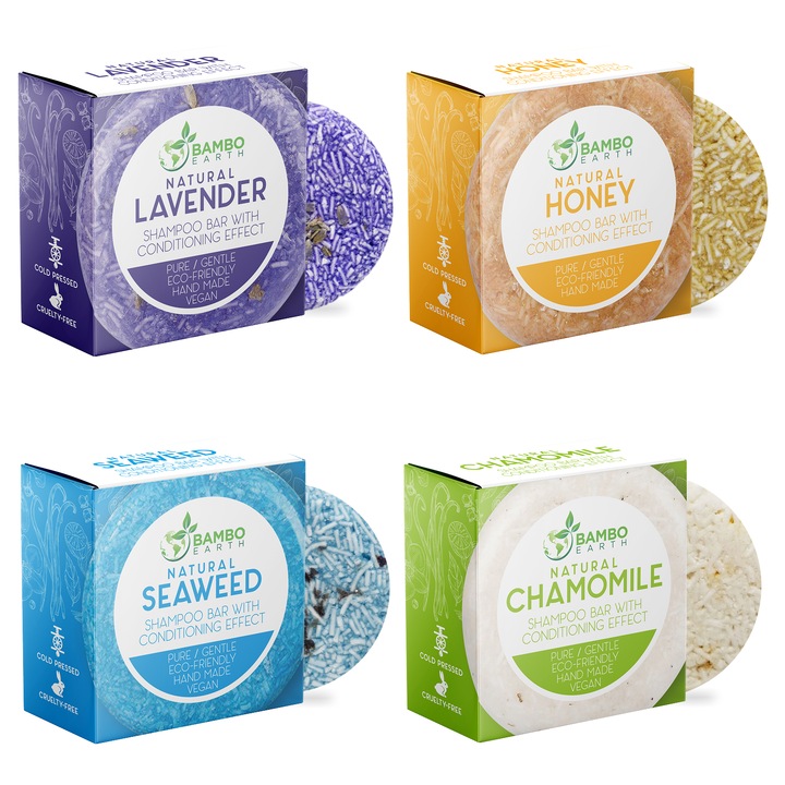 Set de 4 șampoane solide - lavandă, mușețel, miere și alge marine BAMBOEARTH