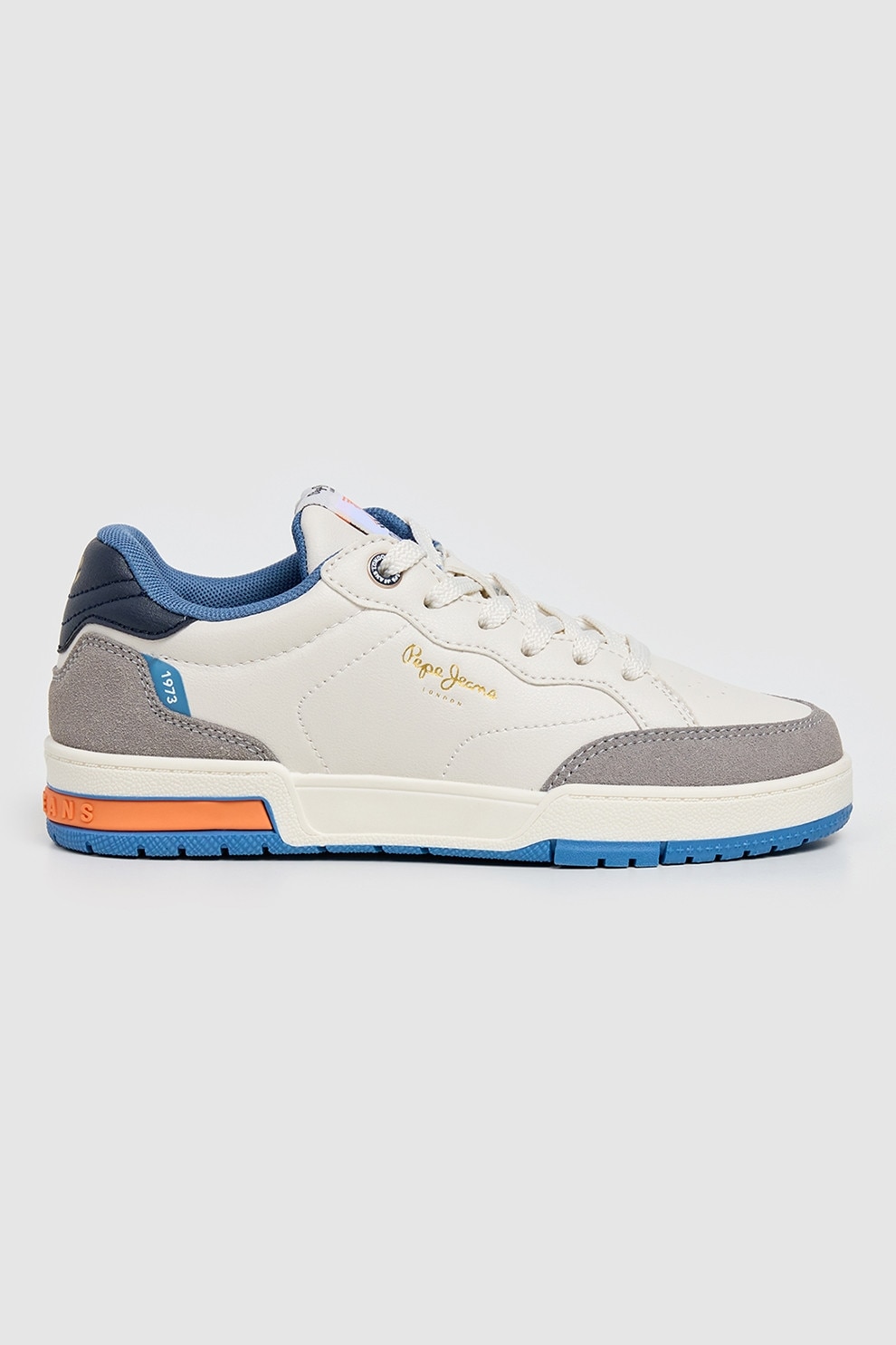Pepe Jeans London, Pantofi sport de piele ecologica cu garnituri din material textil, Gri, Albastru ultramarin, Alb murdar, 35 EU