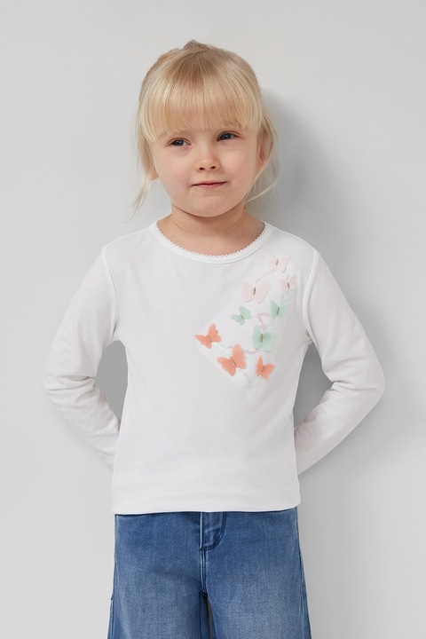 s.Oliver, Bluza cu decolteu rotund si aplicatii cu fluture, Verde/Alb murdar/Roz