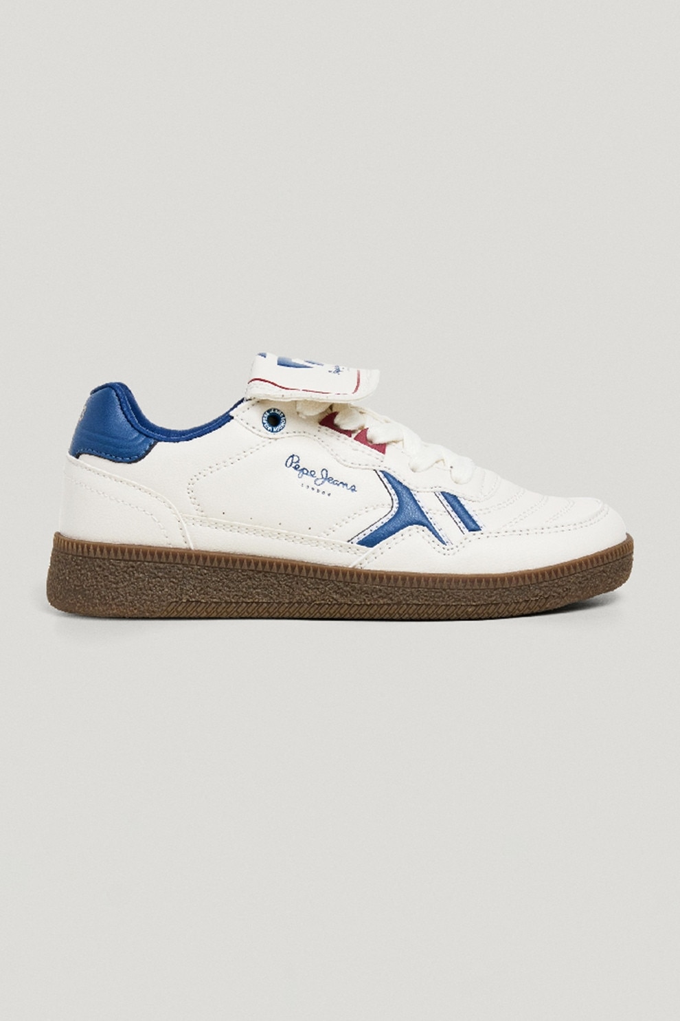 Pepe Jeans London, Pantofi sport de piele ecologica cu limba pliabila, Alb, Albastru inchis, 32 EU
