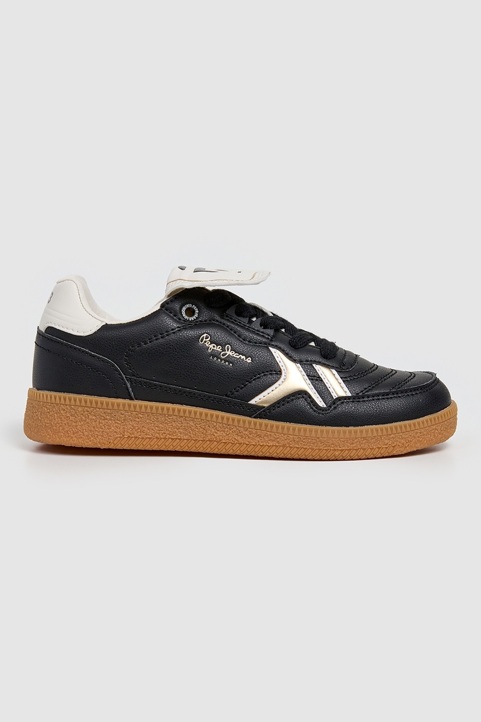 Pepe Jeans London, Pantofi sport de piele ecologica cu limba pliabila, Negru, Maro nisip, Alb murdar, 33 EU