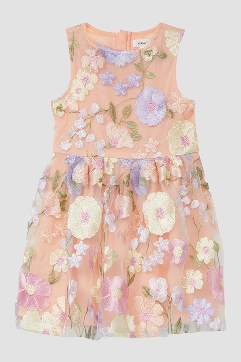 s.Oliver, Rochie fara maneci cu broderii florale, Verde/Galben/Portocaliu pal