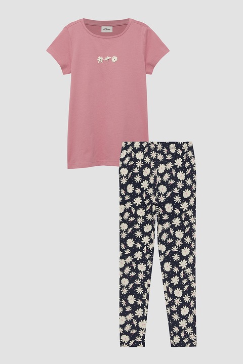 s.Oliver, Set de tricou de bumbac cu model si colanti, Negru/Roz prafuit