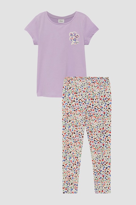 s.Oliver, Set de tricou de bumbac cu model si colanti, Verde/Lila/Crem