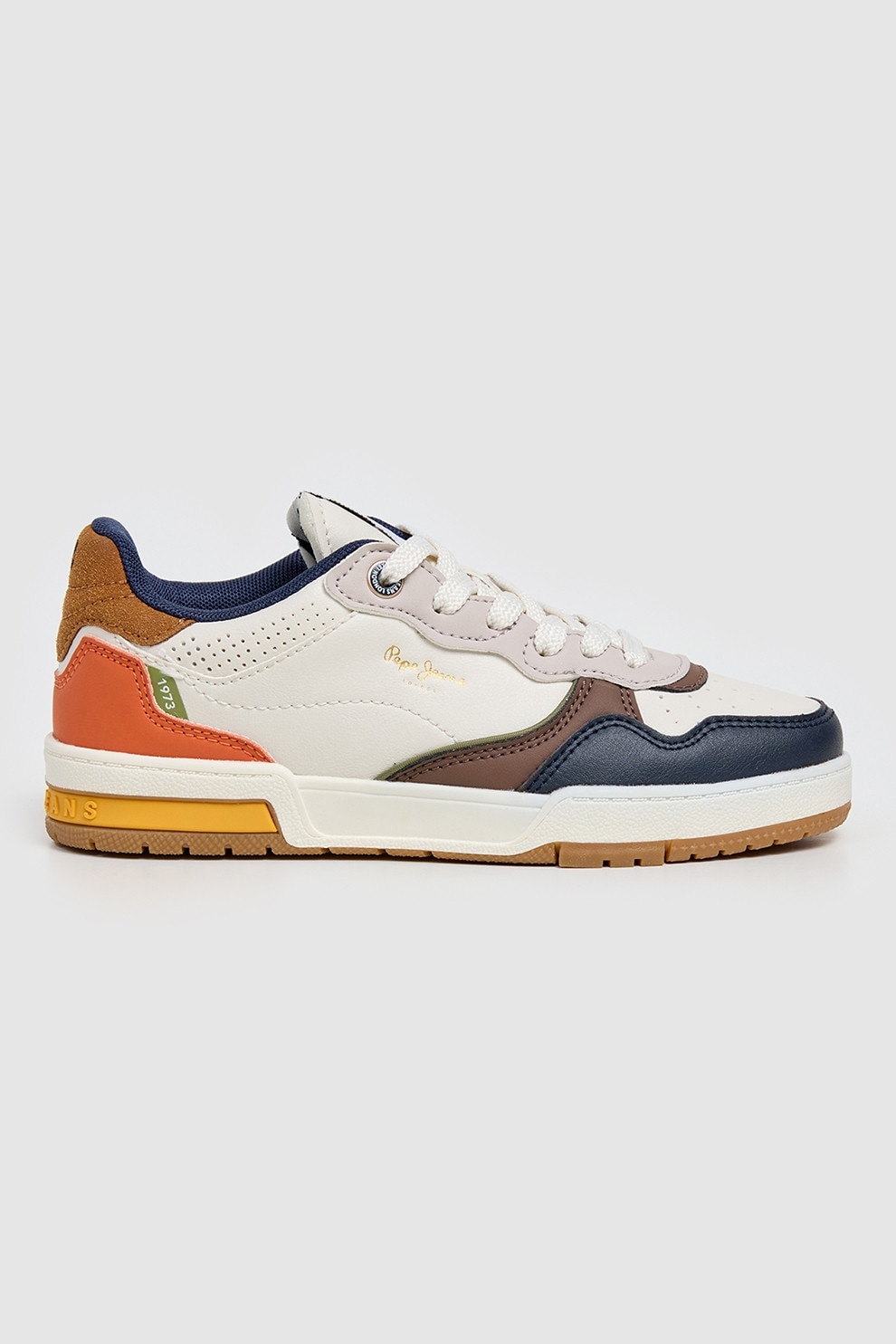 Pepe Jeans London, Pantofi sport de piele ecologica cu model colorblock, Alb, Maro inchis, Portocaliu mandarina, Bleumarin, 32 EU