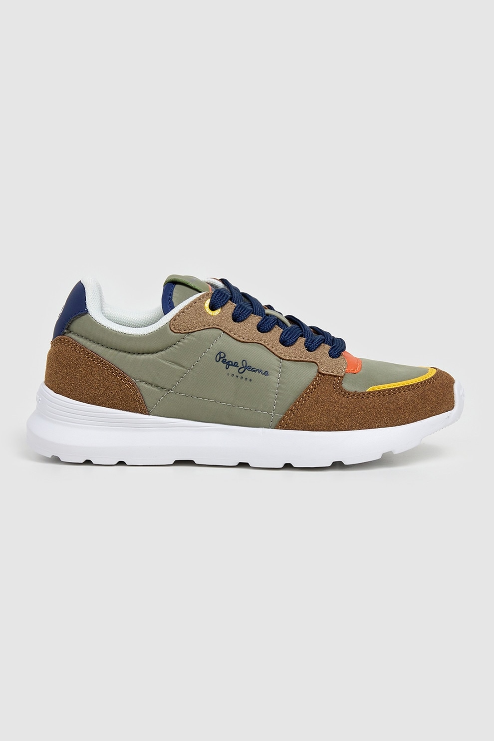 Pepe Jeans London, Pantofi sport din material sintetic si garnituri din material textil, Galben, Verde sparanghel, Bleumarin, Maro pamantiu, 34 EU