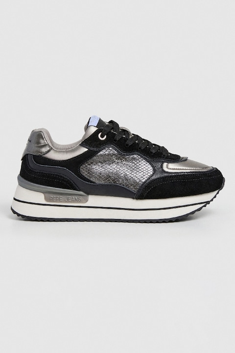 Pepe Jeans London, Pantofi sport de piele ecologica si piele intoarsa, Negru/Gri/Argintiu