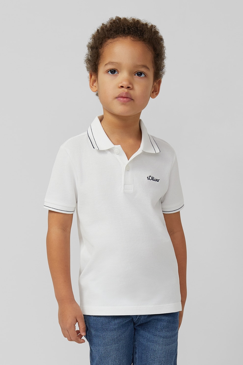 s.Oliver, Tricou polo din material pique cu logo discret, Alb, Bleumarin, 140 CM