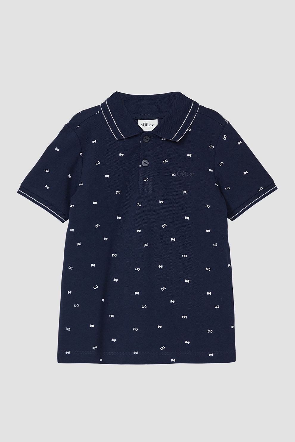 s.Oliver, Tricou polo din material pique cu logo discret, Alb optic, Bleumarin, 128-134 CM