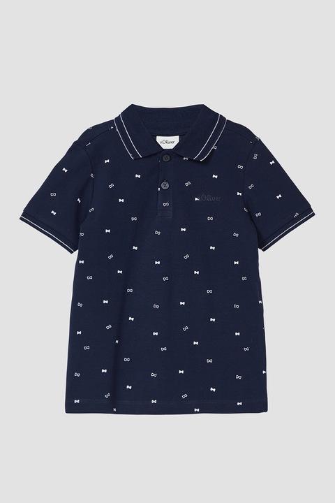 s.Oliver, Tricou polo din material pique cu logo discret, Alb optic/Bleumarin