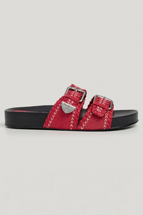 Pepe Jeans London, Papuci de piele intoarsa cu cusaturi contrastante, Alb/Rosu vermillion, 37