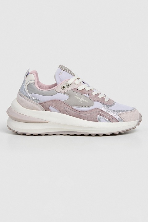 Pepe Jeans London, Pantofi sport colorblock cu talpa cu aspect masiv, Lila/Roz prafuit/Argintiu