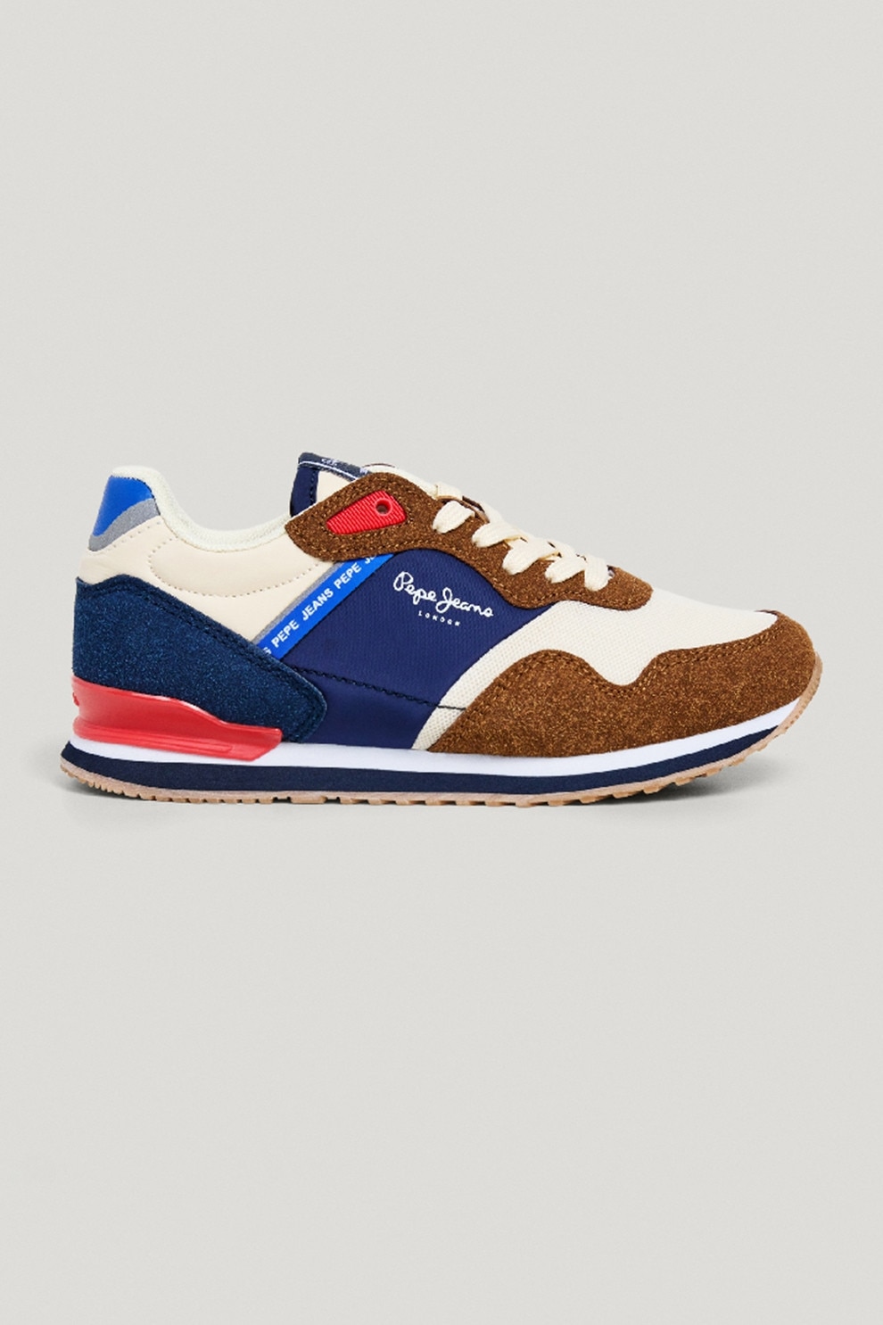 Pepe Jeans London, Pantofi sport cu model colorblock si insertii de plasa, Maro scortisoara, Alb murdar, Bleumarin, 33 EU