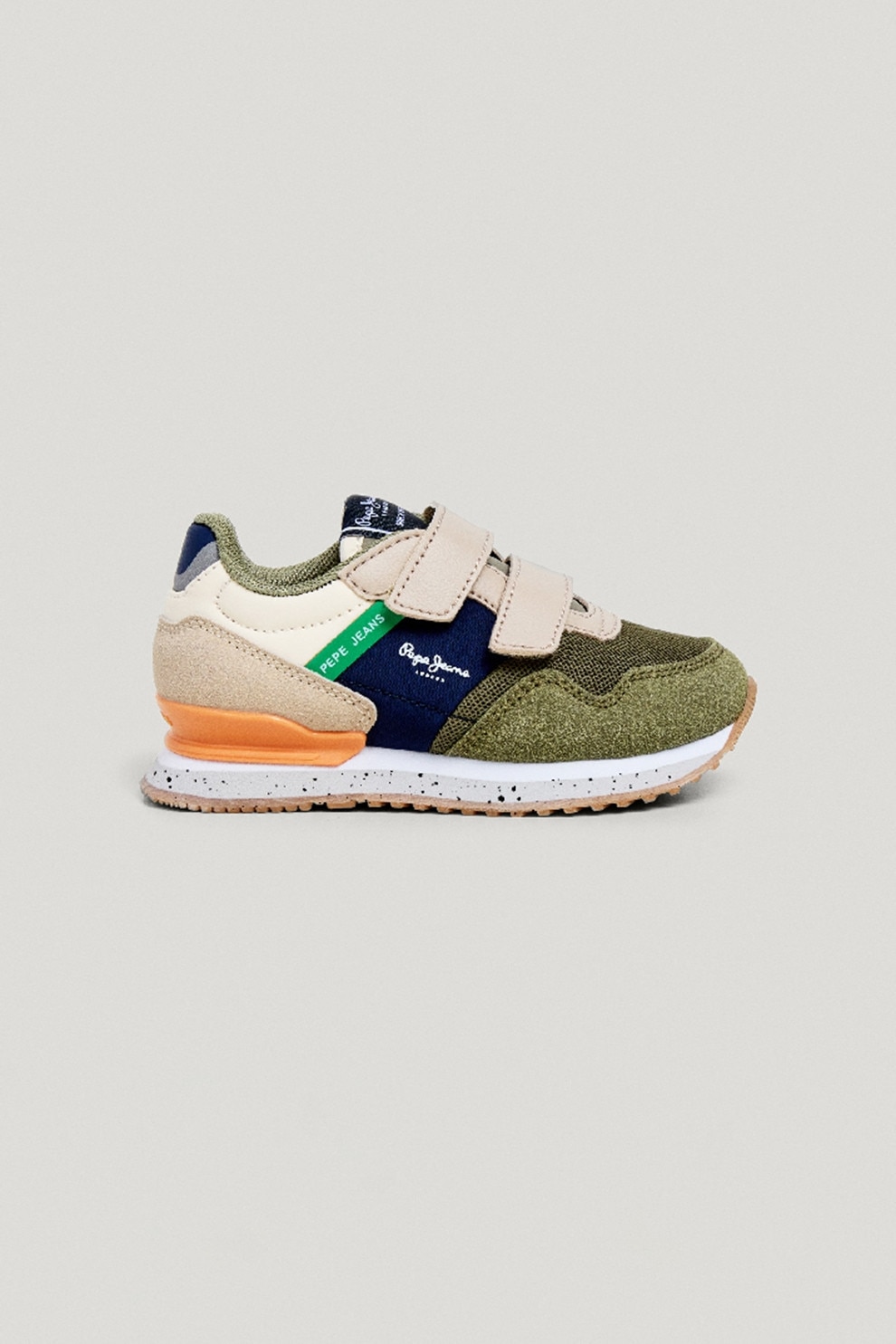 Pepe Jeans London, Pantofi sport cu model colorblock si velcro, Verde sparanghel, Bej deschis, Bleumarin, 26 EU