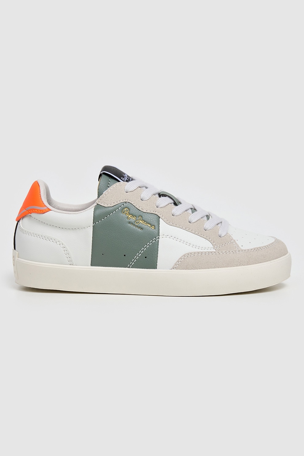 Pepe Jeans London, Pantofi sport de piele cu model colorblock, Alb, Negru, Portocaliu mandarina, Verde sparanghel, 32 EU
