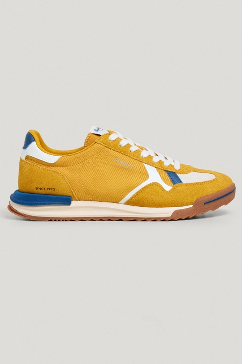 Pepe Jeans London, Pantofi sport din piele intoarsa si material textil cu logo, Alb/Albastru inchis/Galben sofran