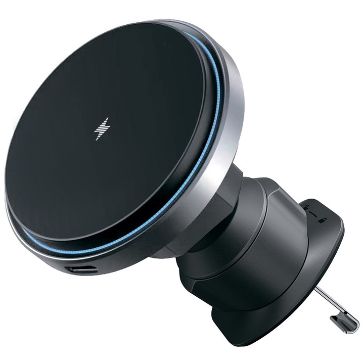 Proove Magic Circle Pro autós tartó vezeték nélküli töltéssel, MagSafe, Szellőzőrácsra szerelhető, LED kijelző, 360 fokos elforgatás, Qi2 15W, LED, Fekete