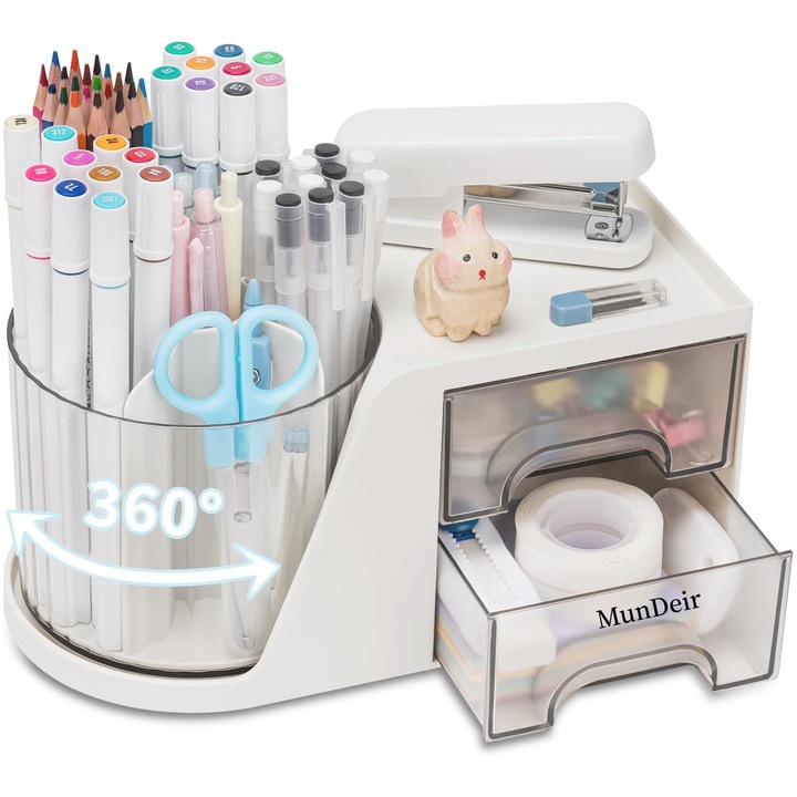 Suport birou 4 compartimente rotativ transparent, MunDeir®, 23x13x12cm