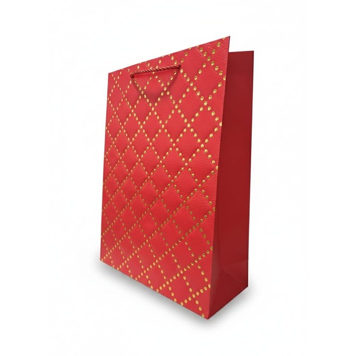 Punga cadou marimea L din carton, model matlasat rosu cu detalii aurii, 40 x 30 x 12 cm, ELDEPO