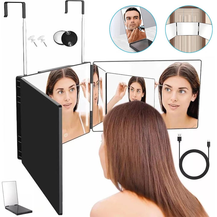 Oglinda Cu 3 Directii Cu Lumini, Oglinda Auto-Taiere La 360°, Oglinzi Tripla Portabile Reglabile Si Pliabile Cu Carlig Retractabil Pe Inaltime, Pentru Tuns Colorare Par, Impletitura Par, Ras, Machiaj