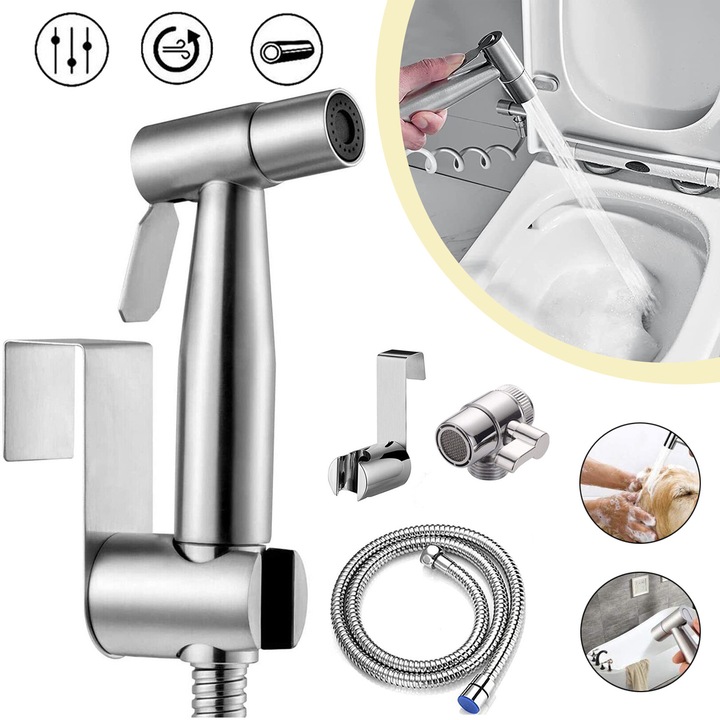 Bidé zuhanykészlet, hordozható bidé zuhanyzó WC-hez, 1,5 m zuhanytömlővel, rozsdamentes acél bidé kézi zuhany, zuhanyfej textilpelenka mosáshoz személyes higiéniához